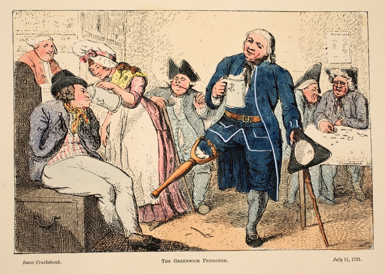 The Greenwich nyugdíjas, pub. 1791 (kézzel színezett metszet) alkotó: Isaac Robert Cruikshank