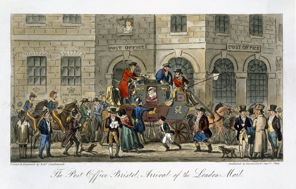 A Bristol postahivatal, a londoni posta érkezése, Charles Molloy Westmacott (1788-1868) „Az angol kém” című könyvéből, London, 1825 alkotó: Isaac Robert Cruikshank