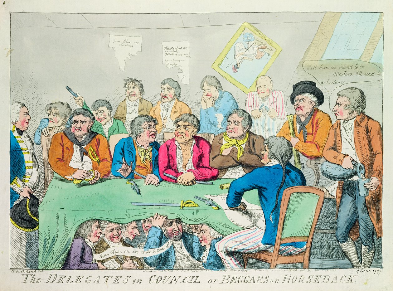A küldöttek a tanácsban vagy koldusok lóháton, 1797 (színes rézkarc) alkotó: Isaac Robert Cruikshank