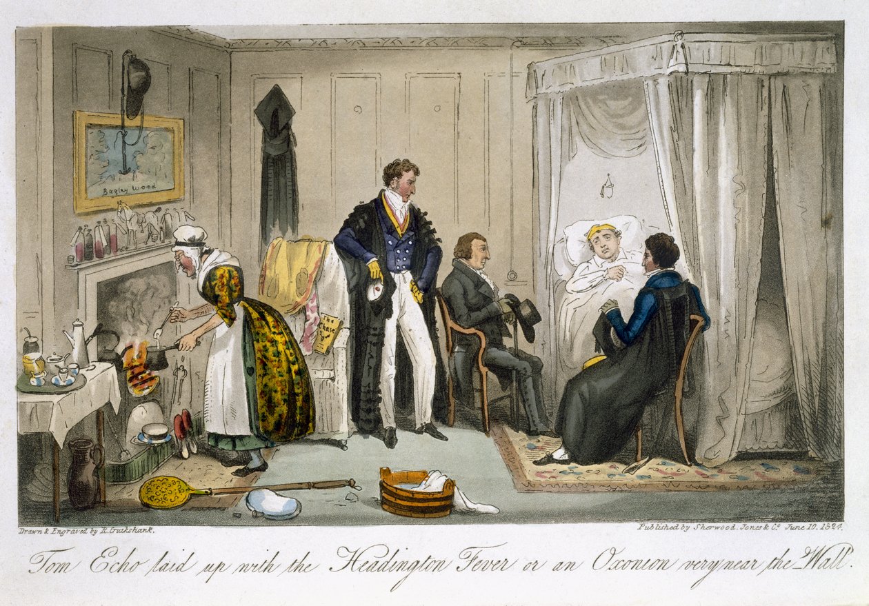 Tom Echo, aki a Headington-lázban vagy egy oxonban szenvedett a fal közelében, Charles Molloy Westmacott (1788-1868) „Az angol kém” című művéből, London, 1825 alkotó: Isaac Robert Cruikshank
