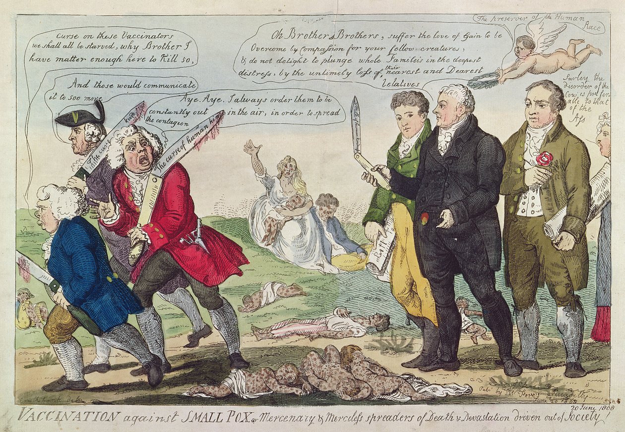 Védőoltás a himlő vagy a zsoldosok és a társadalomból kiszorított halál és pusztítás irgalmatlan terjesztői ellen!, 1808 (színes rézkarc) alkotó: Isaac Robert Cruikshank