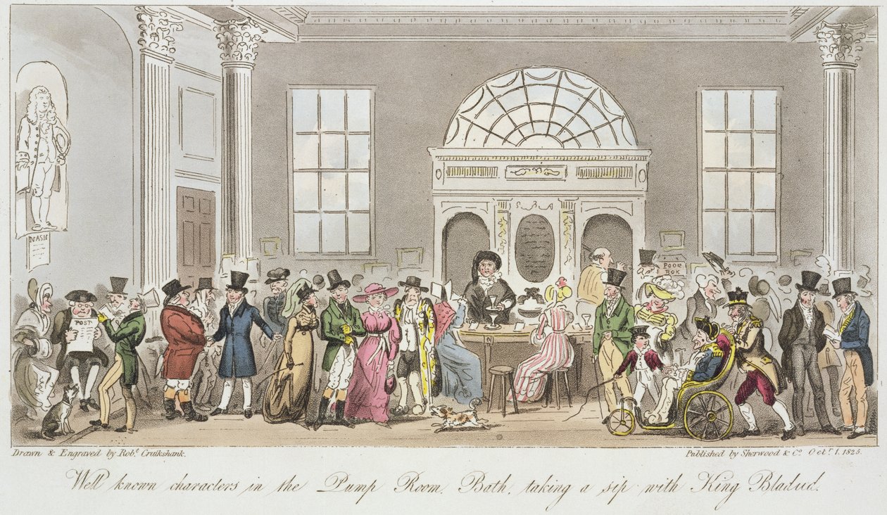Jól ismert karakterek a szivattyúszobában, fürdő, kortyolgatva Bladud királlyal, a Sherwood und Co. kiadása, 1825 alkotó: Isaac Robert Cruikshank