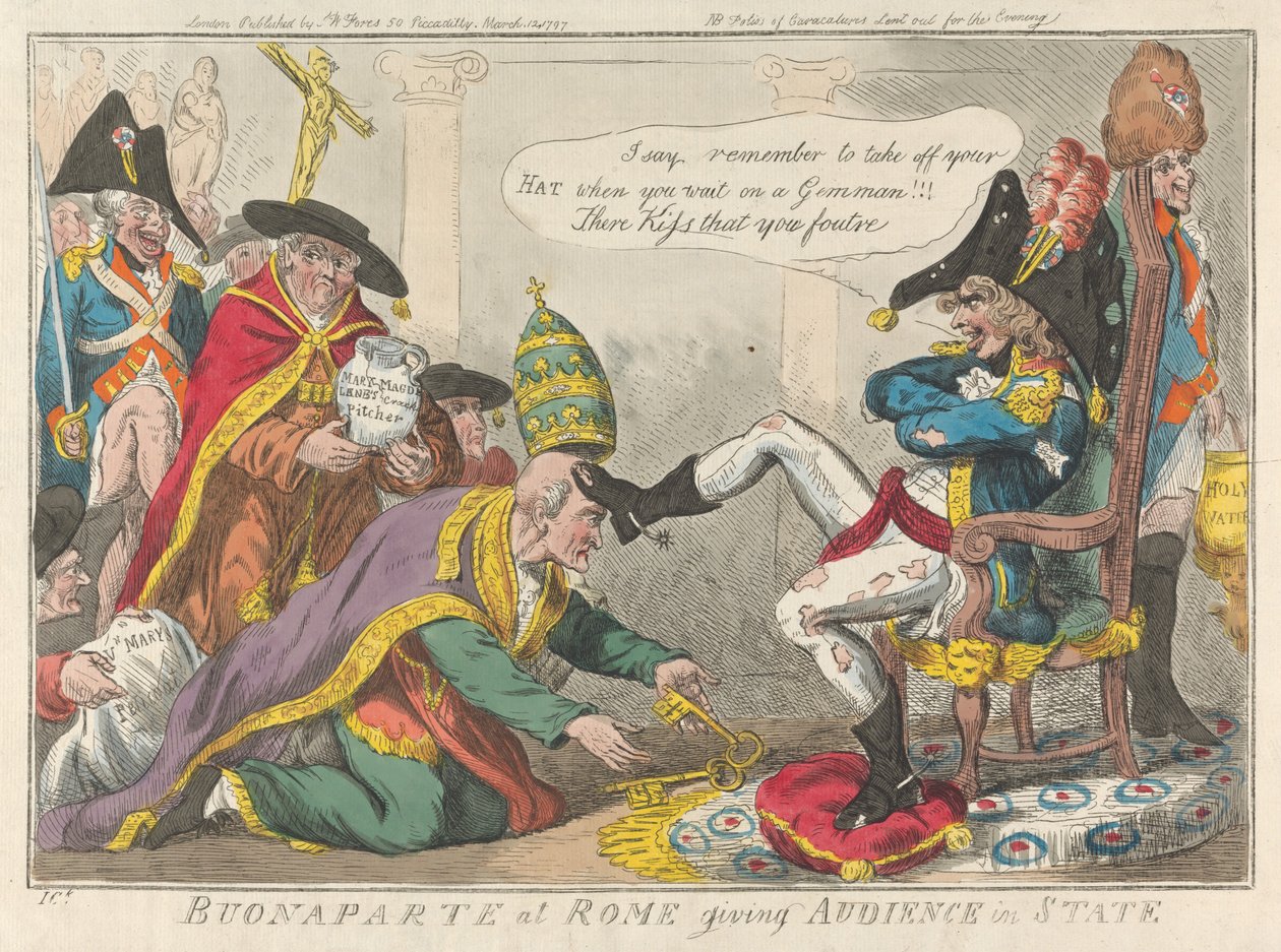 Buonaparte in Rom gibt Audienz im Staatsgewand alkotó: Isaac Cruikshank