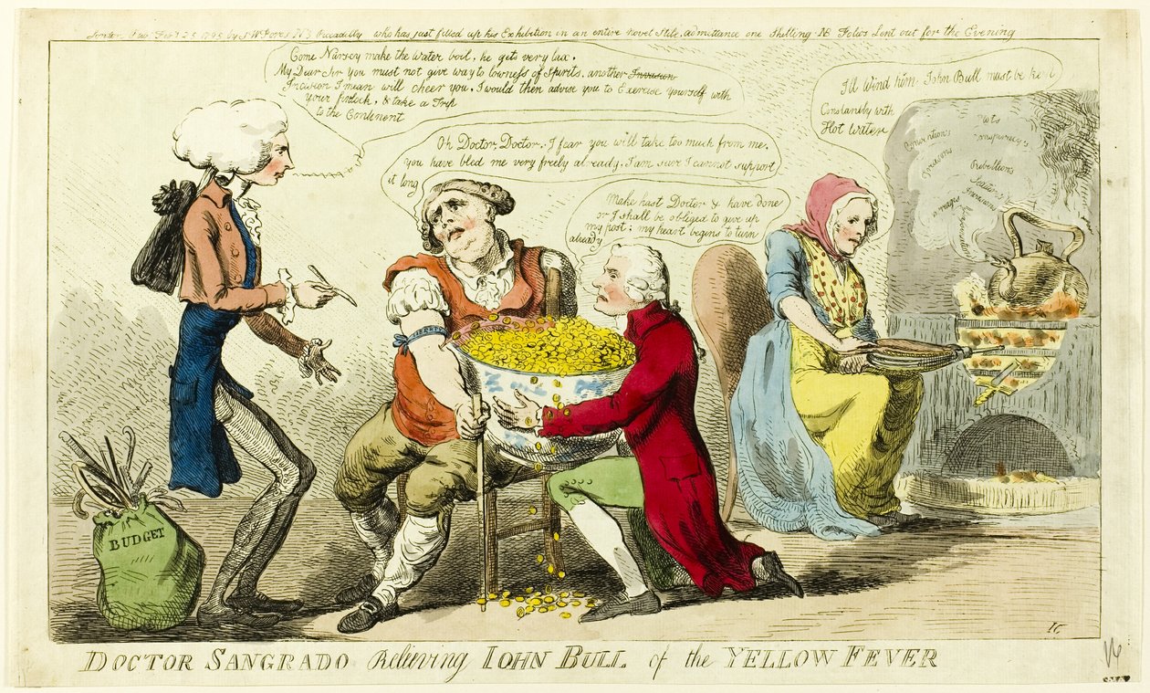 Dr. Sangrado megszabadítja John Bullt a sárgaláztól alkotó: Isaac Cruikshank
