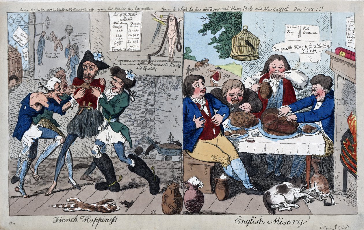 Francia boldogság: Angol nyomorúság, pub. 1793 (kézi színes metszet) alkotó: Isaac Cruikshank