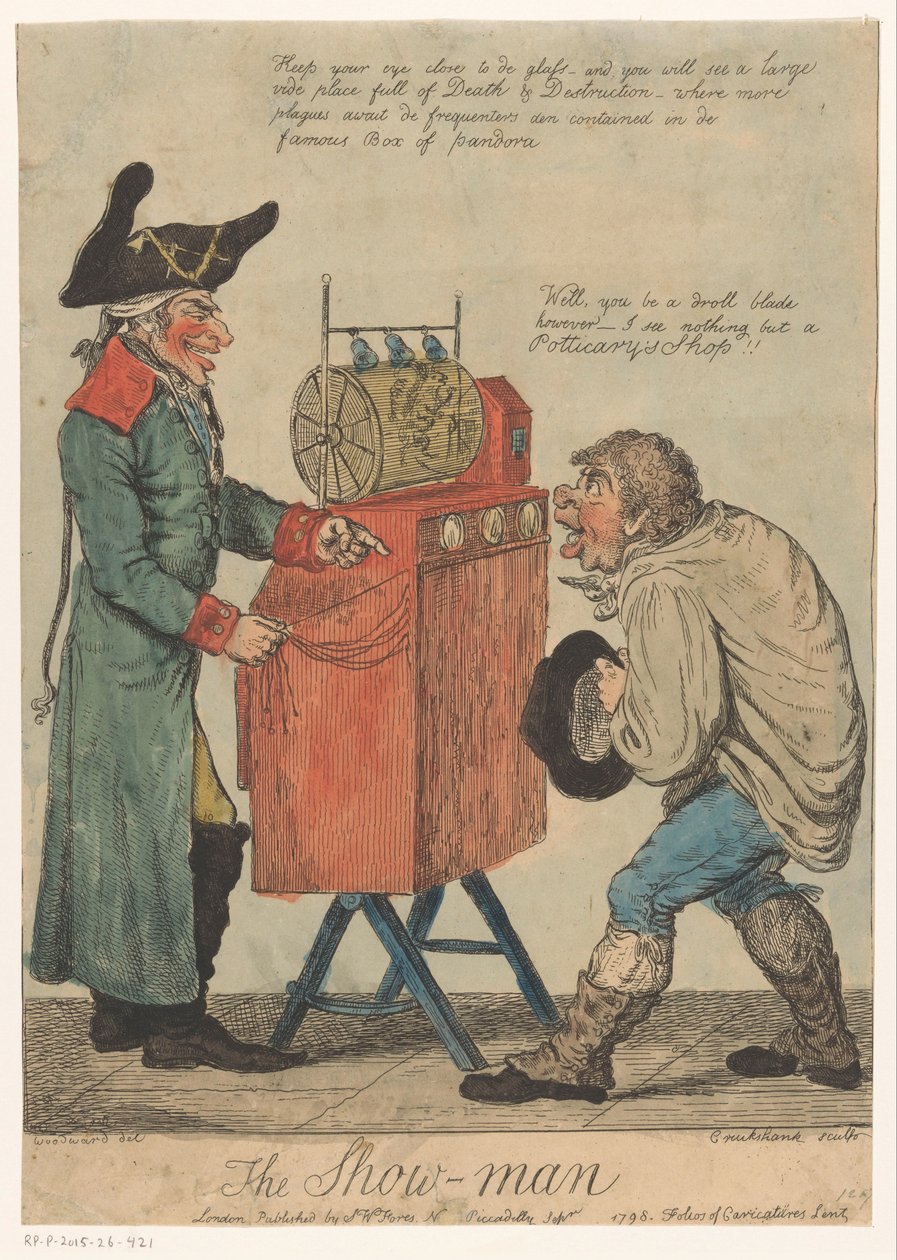 Férfi egy megtekintő szekrény The Show Man (cím az objektumon) alkotó: Isaac Cruikshank