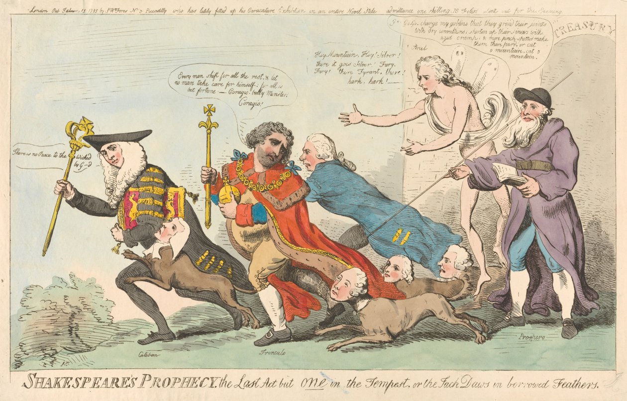 Shakespeares Prophezeiung, der letzte Akt von einem in Der Sturm, oder die Dohle in geliehenen Federn (aus: Karikatur, Bd. 3) alkotó: Isaac Cruikshank
