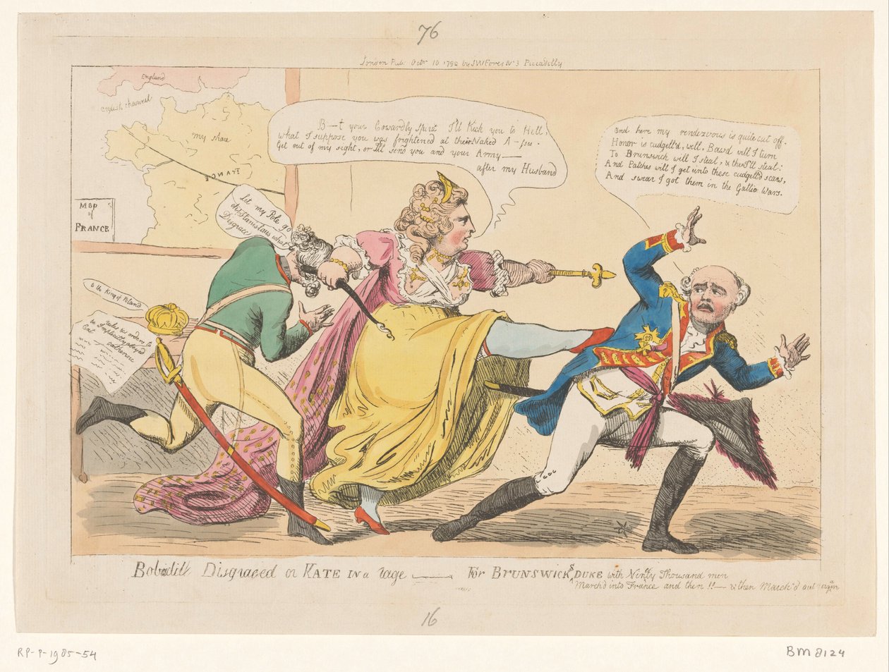 Spotprent op Katalin II, 1792 Bobadil megszégyenült vagy Kate dühöngve – a Brunswicks Duke-ért (cím a tárgyon) alkotó: Isaac Cruikshank