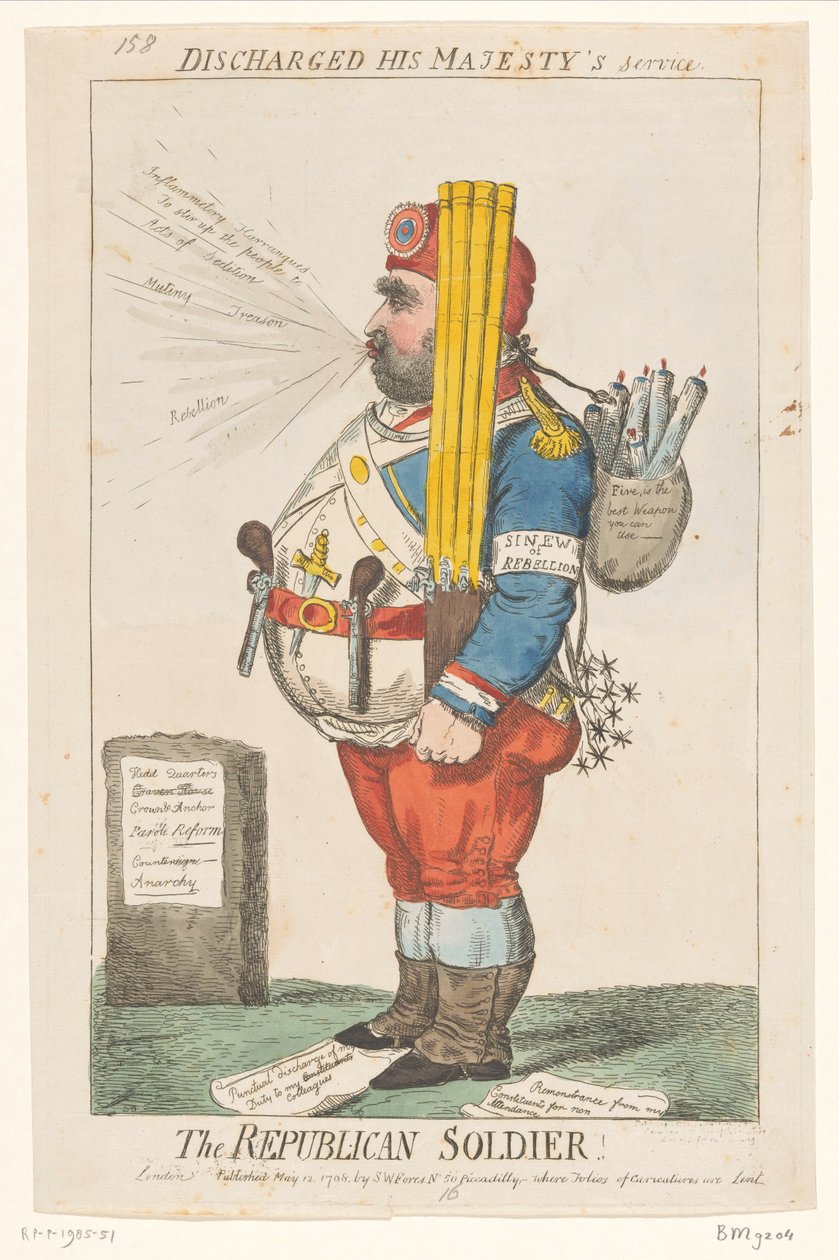 Spotprent, Charles James Fox, 1798 A köztársasági katona! (cím a tárgyon) alkotó: Isaac Cruikshank
