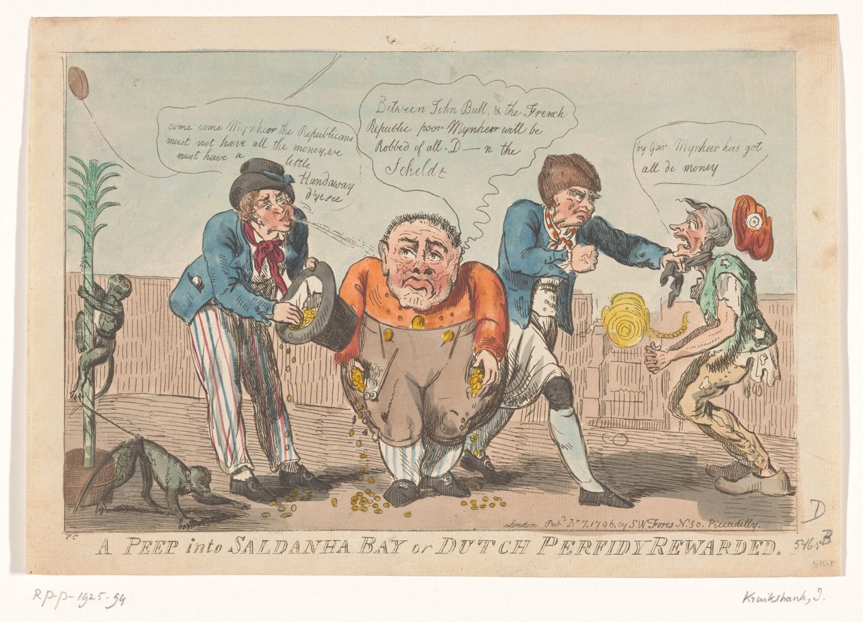 Karikatúra, amely a Bataviai flotta kapitulációját ábrázolja a Saldanha-öbölben, 1796 Bepillantás a Saldanha-öbölbe vagy a holland Perfidy Jutalma (cím a tárgyon) alkotó: Isaac Cruikshank