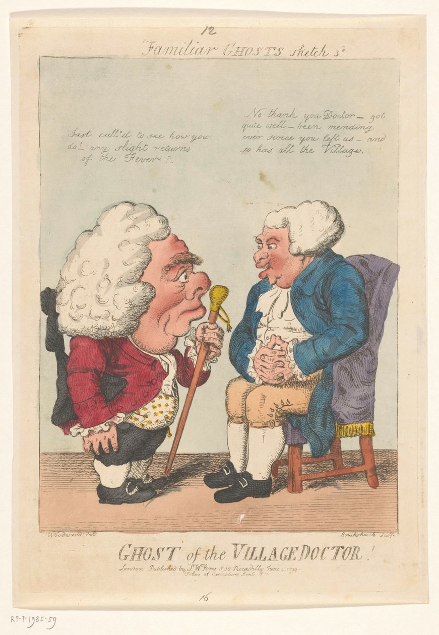 Spotprent op de dorpsarts, 1799 A falusi doktor szelleme! (cím a tárgyon) Familiar Ghosts (sorozat címe a tárgyon) alkotó: Isaac Cruikshank