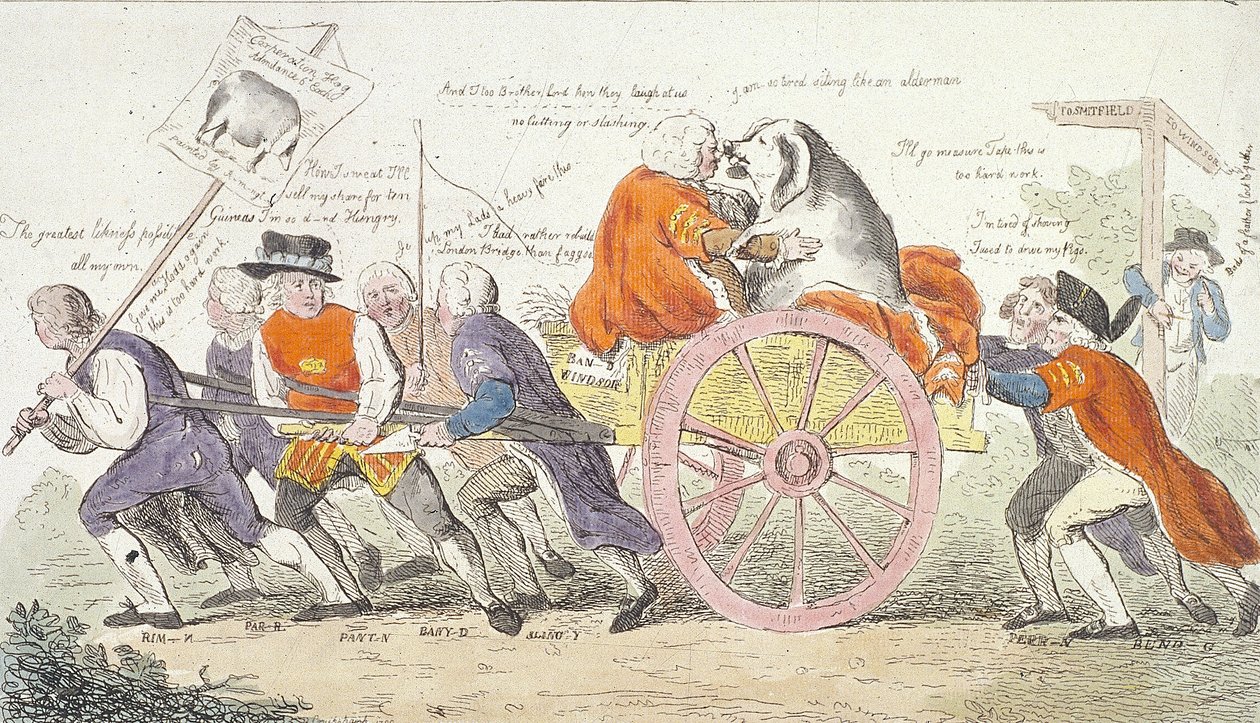 „A vállalat disznójának utazása Smithfieldbe stilban vagy aldermenből sertésbemutató férfiakból., 1790 alkotó: Isaac Cruikshank