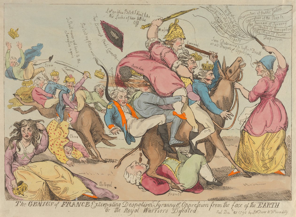 Der Genius Frankreichs, der Despotismus, Tyrannei und Unterdrückung von der Erde vertreibt alkotó: Isaac Cruikshank