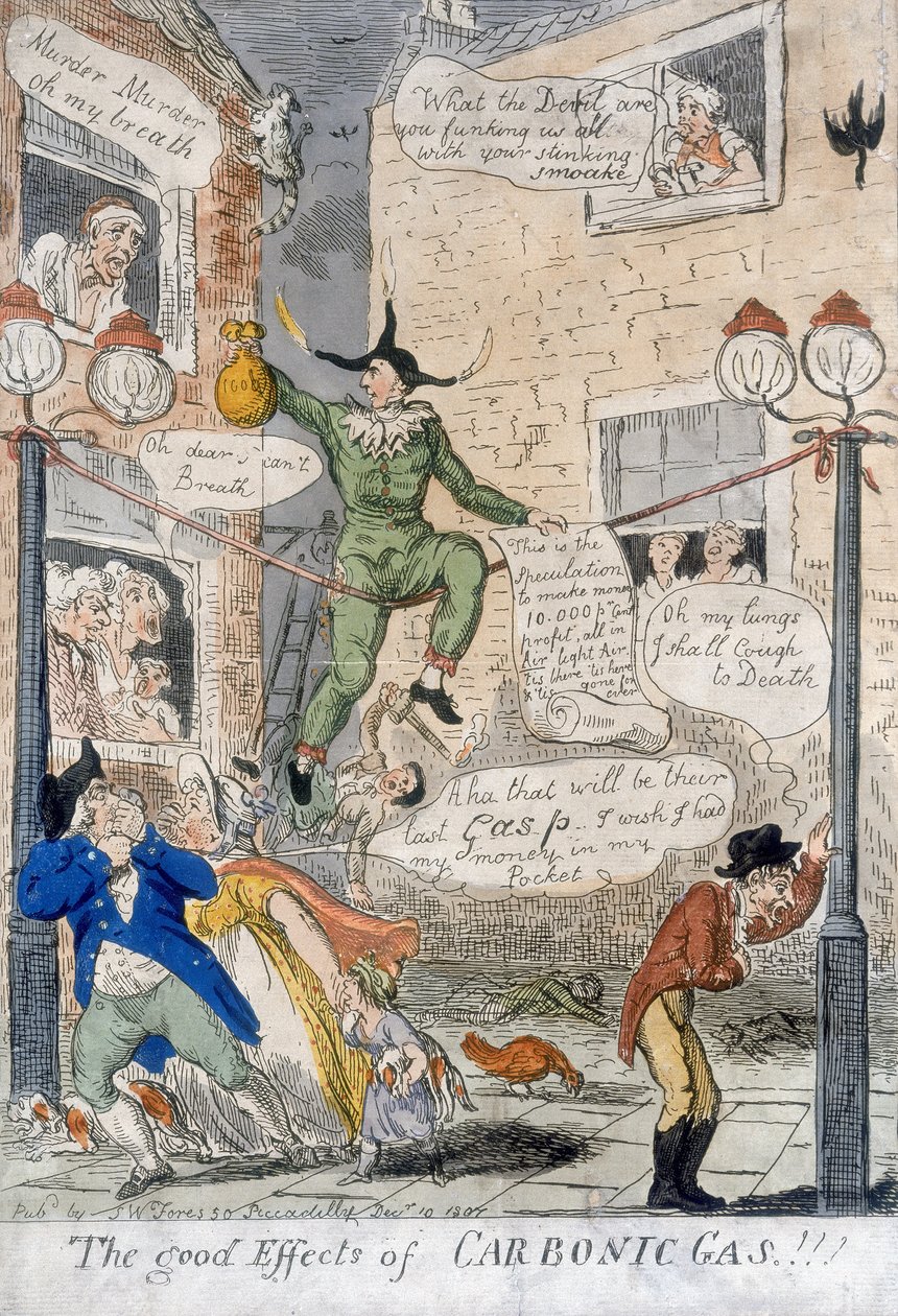 A széngáz jó hatásai!, 1807 (kézzel színezett metszet) alkotó: Isaac Cruikshank