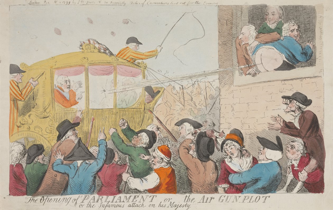 Die Eröffnung des Parlaments oder das Luftgewehr-Komplott oder der berüchtigte Angriff auf Seine Majestät alkotó: Isaac Cruikshank