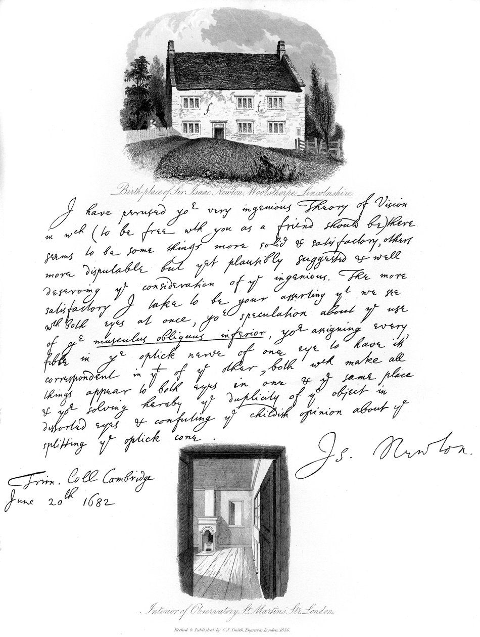 Isaac Newton levele és szülőhelyének képe a lincolnshire-i woolsthorpe-ban, 1682, 1840. alkotó: Isaac Newton