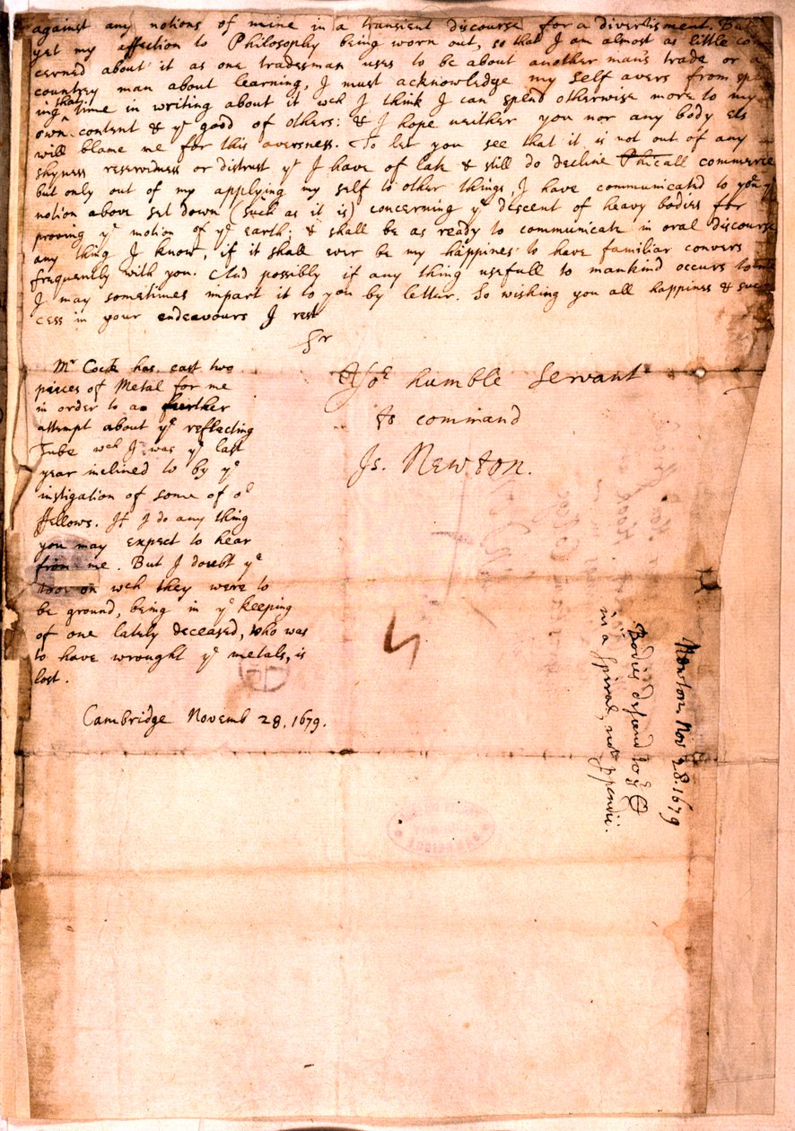Isaac Newton levele 1679. november 28-án alkotó: Isaac Newton