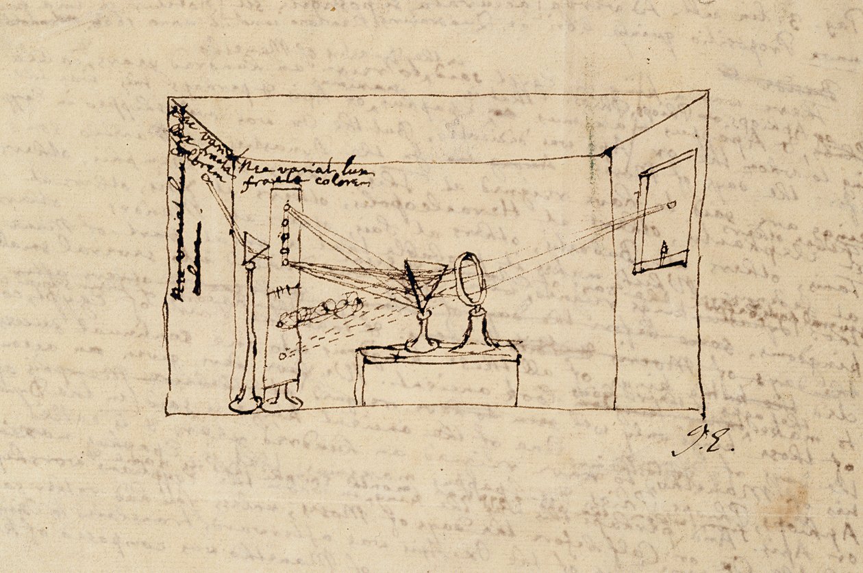 Ms. New Coll 3612 fol.45v Rajz az úgynevezett kritikus kísérletről, amely azt mutatja, hogy a nap fénye megtörik az egyik prizmán, majd megtörik egy másik prizmán (toll és tinta papíron alkotó: Isaac Newton