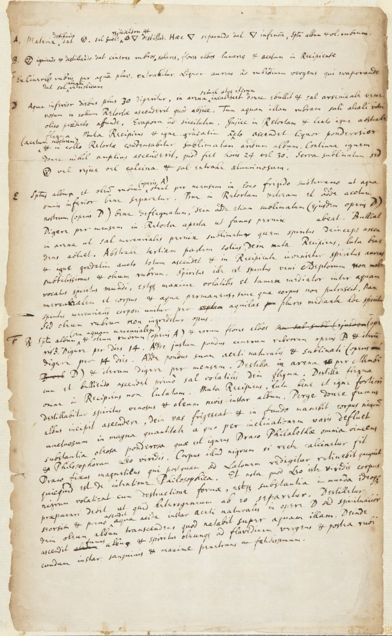 Kísérlet rögzítése hat szakaszban, desztillációval, majd elégetéssel, további lepárlással, főzés, kalcinálás és szublimáció, 1700 körül alkotó: Isaac Newton