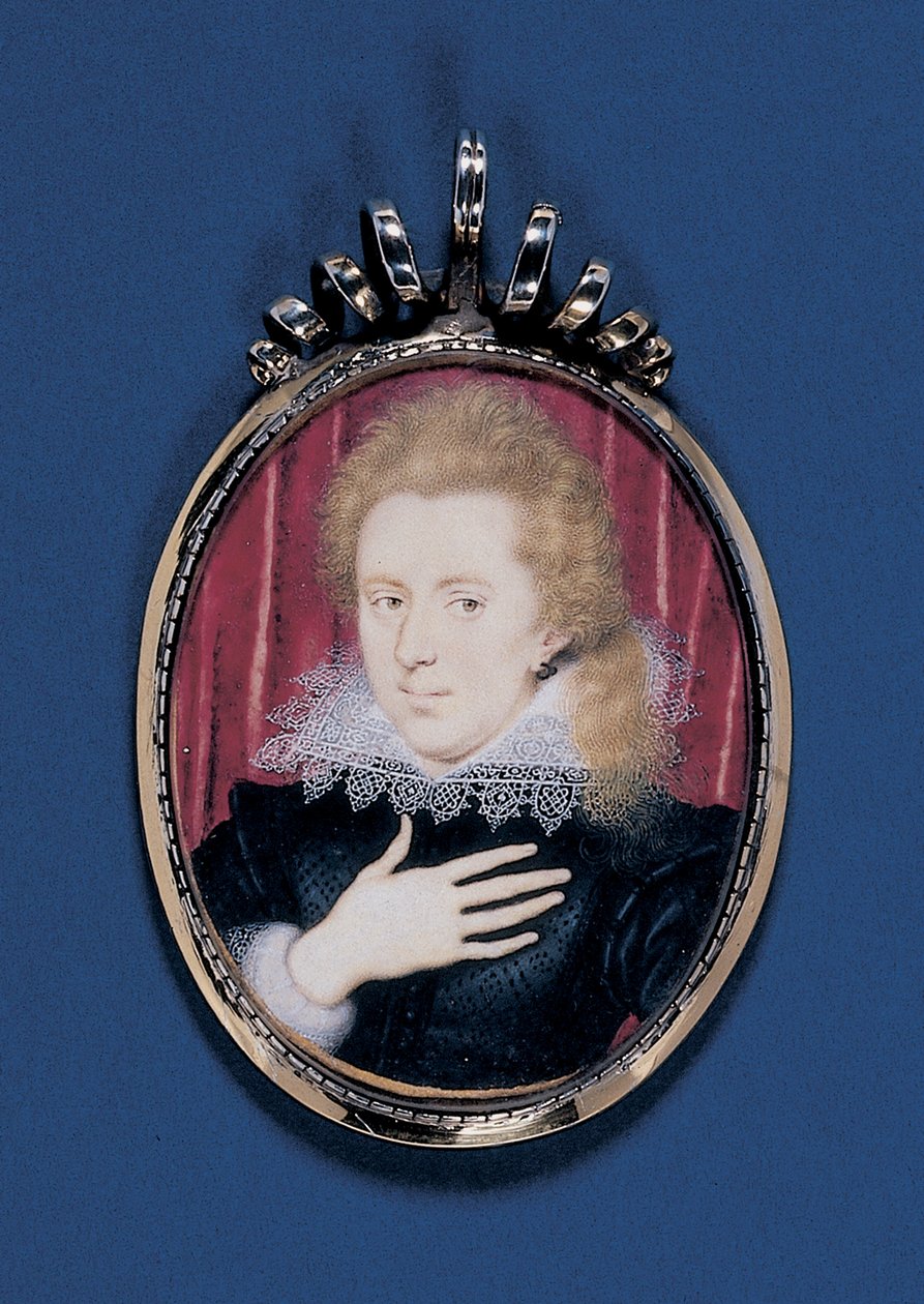 Egy fiatal úriember miniatűr portréja, 1615 körül (akvarell, pergamen, ezüst-aranyozott keretű kartonra fektetve) alkotó: Isaac Oliver