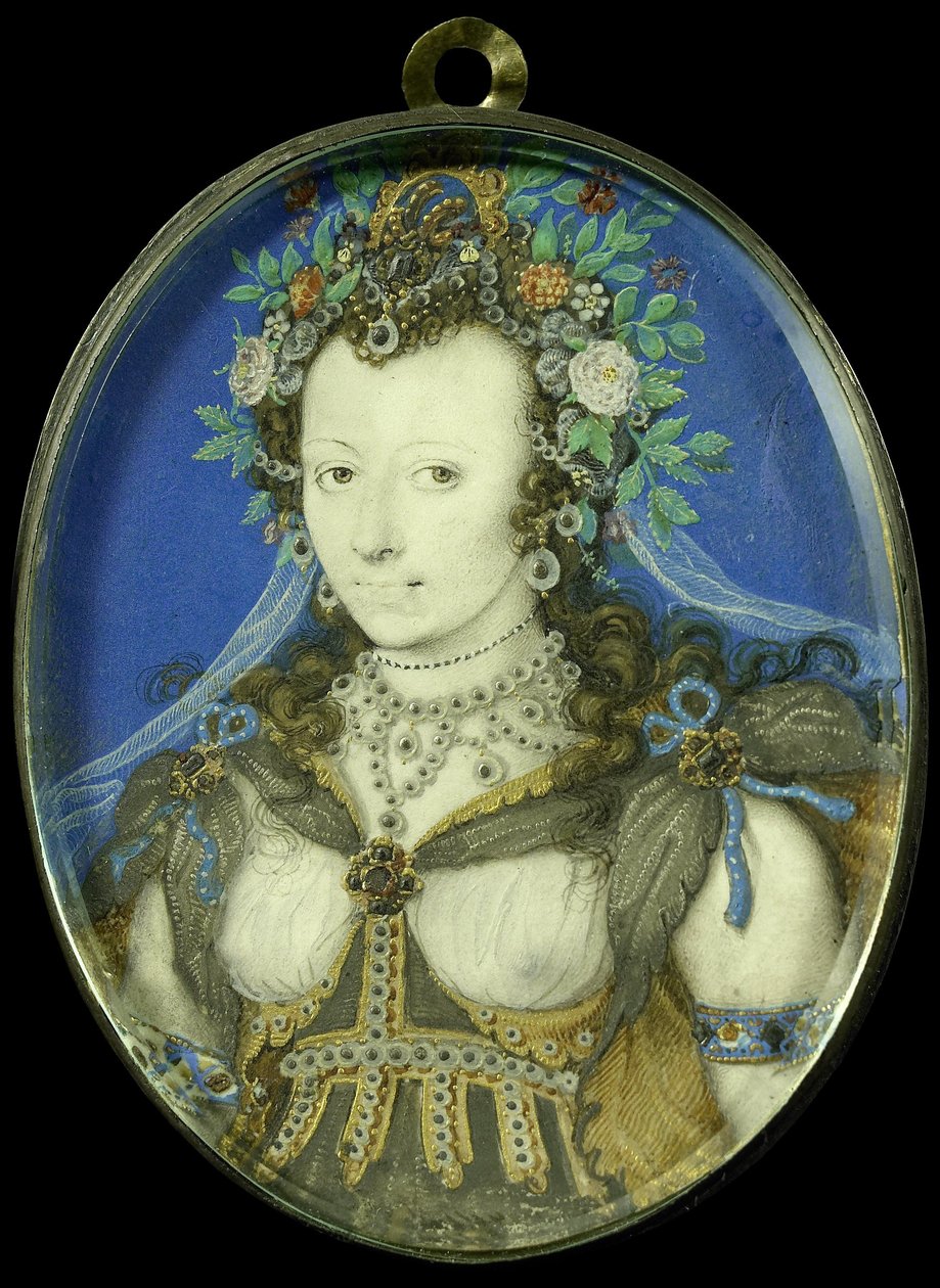 Női portré, mint Flora, 1600-17 körül (pergamen, ezüst és üveg) alkotó: Isaac Oliver