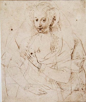 Egy ismeretlen hölgy portréja, hivatalos nevén Lucy Harrington, Bedford grófnője, egy miniatűr vázlata (3902. sz.) 1605 körül (toll és tinta, kréta papíron) (lásd még: 58811) alkotó: Isaac Oliver