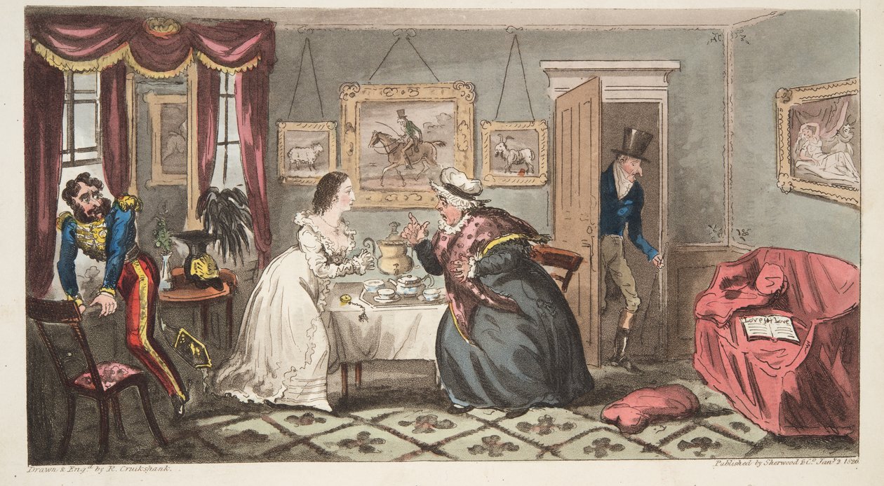A Bath Beau és Frail Belle vagy a Mr B. és Miss L. az angol kémből, pub. 1824 (kézzel színezett metszet) alkotó: Isaac Robert Cruikshank