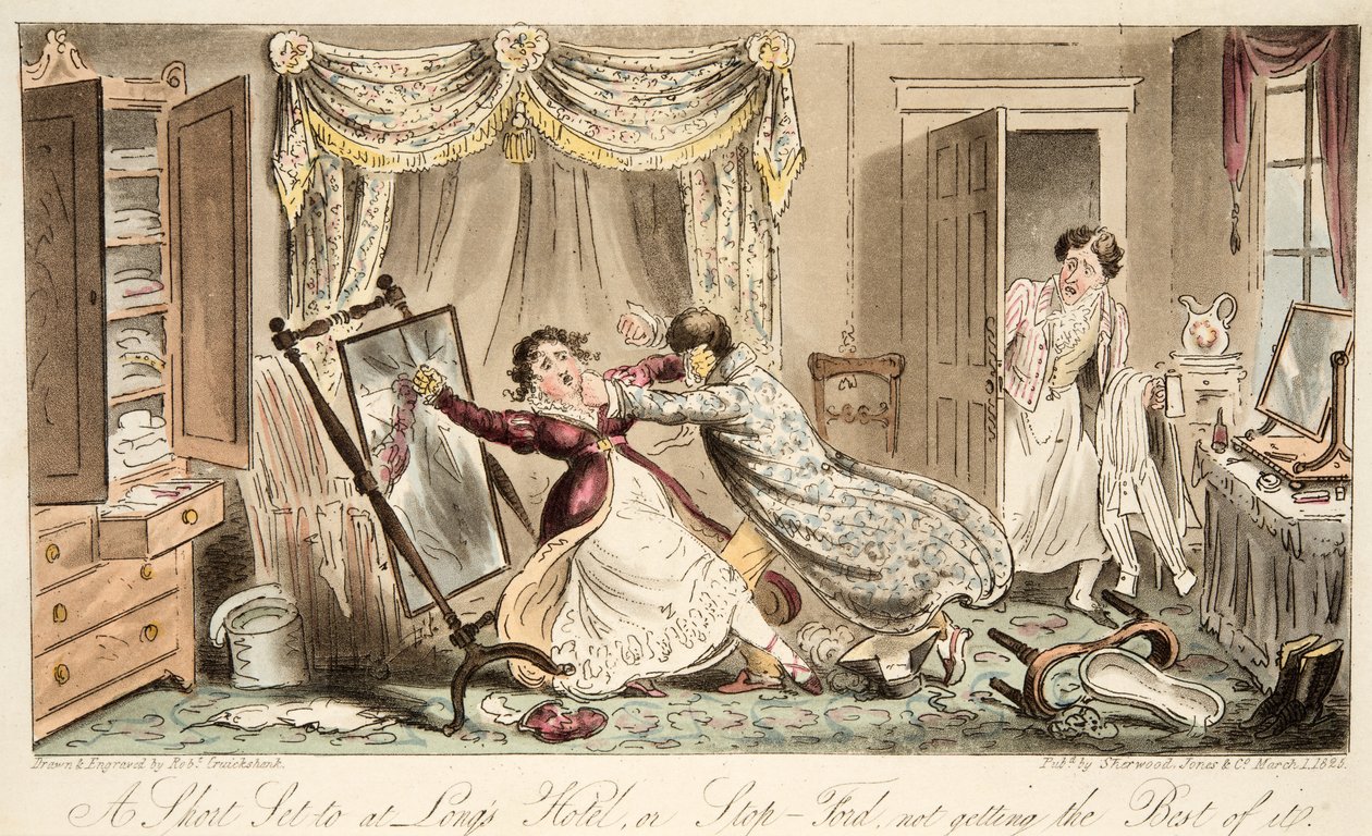 Rövid készlet a Longs Hotelben vagy a Stop-Fordban, ami nem hozza ki a legjobbat a The English Spy pubból. 1824 (kézzel színezett metszet) alkotó: Isaac Robert Cruikshank