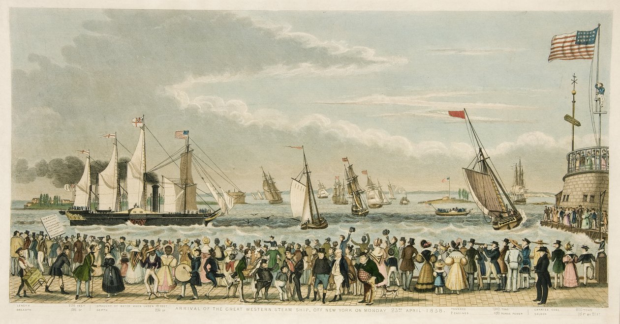 A Great Western Steam Ship érkezése New York mellett 1838. április 23-án, hétfőn, pub. 1842 (kézzel színezett metszet) alkotó: Isaac Robert Cruikshank