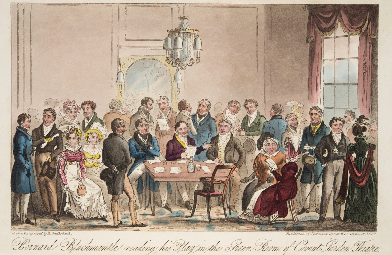 Bernard Blackmantle előadását olvassa a Covent Garden Színház Green Roomjában, az angol kém kocsmából. 1824 (kézzel színezett metszet) alkotó: Isaac Robert Cruikshank