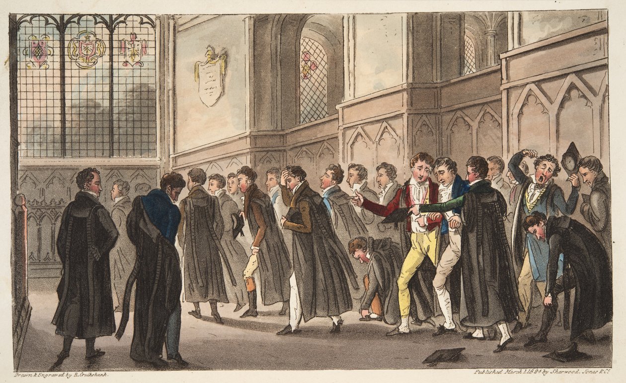 Black Matins, avagy a késői ivás hatásai a korán kelőkre, az angol kémből, pub. 1824 (kézzel színezett metszet) alkotó: Isaac Robert Cruikshank
