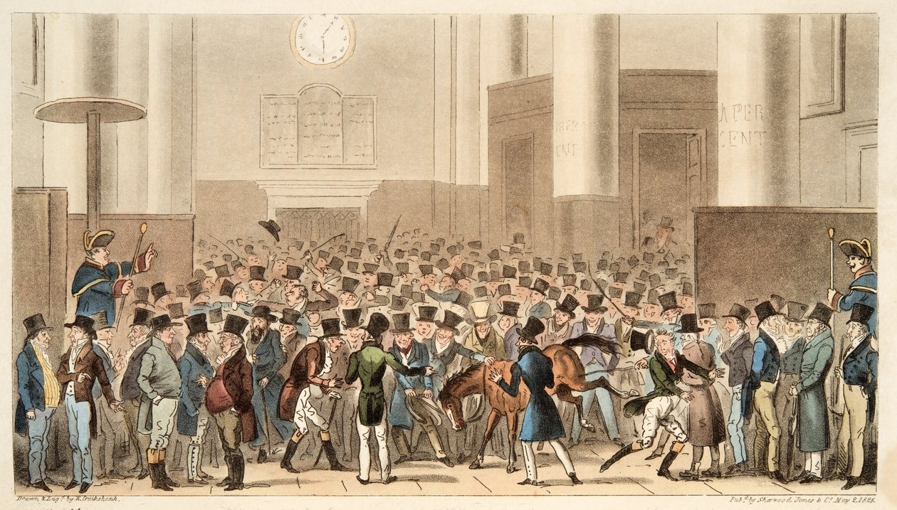 A Bulls and Bears in High Bustle, vagy Billy Wrights Poney tőzsdetag lett, a The English Spy pubból. 1824 (kézzel színezett metszet) alkotó: Isaac Robert Cruikshank