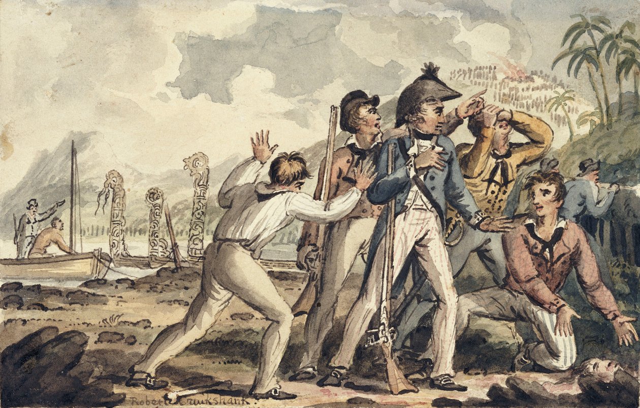 Burney kapitány felfedezi meggyilkolt hajótársait, illusztráció a "Cook kapitány utazásaiból" alkotó: Isaac Robert Cruikshank