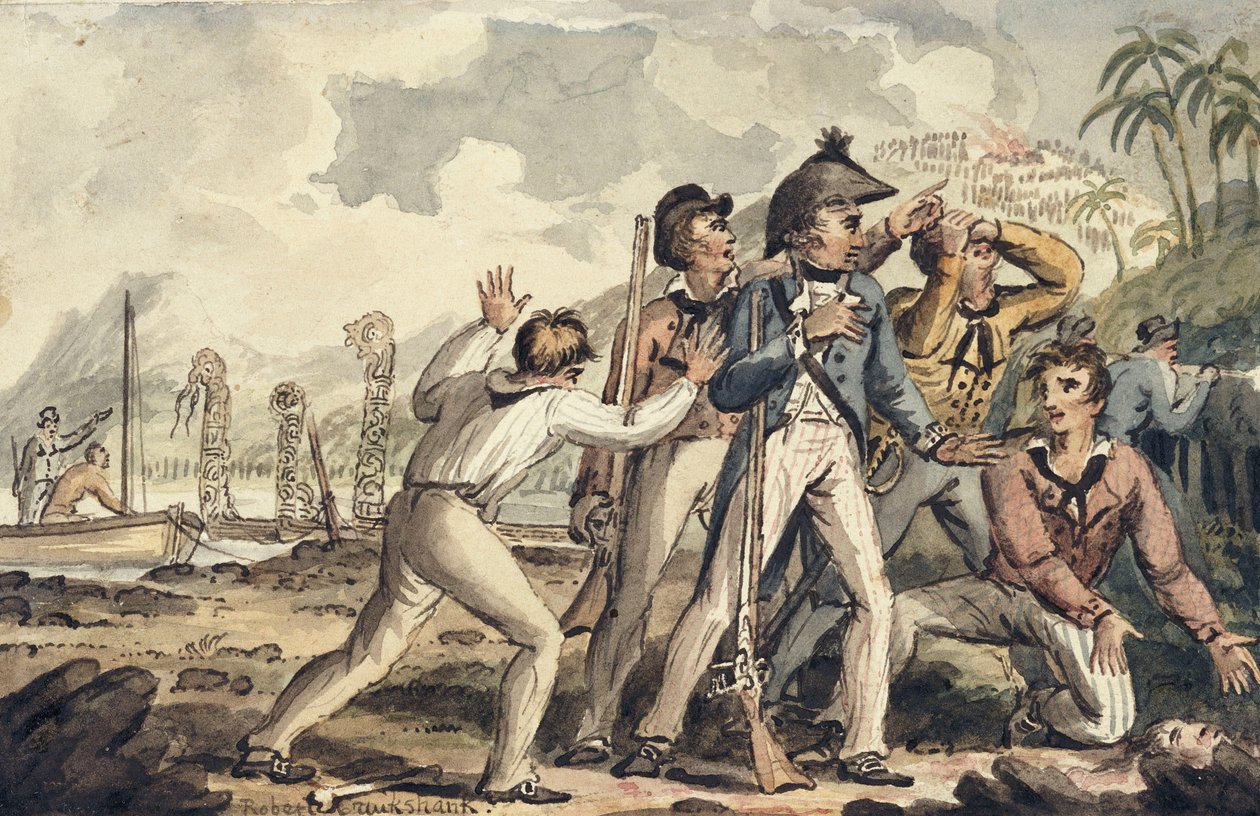 Burney kapitány felfedezi meggyilkolt hajótársait", Cook kapitány utazásaiból alkotó: Isaac Robert Cruikshank