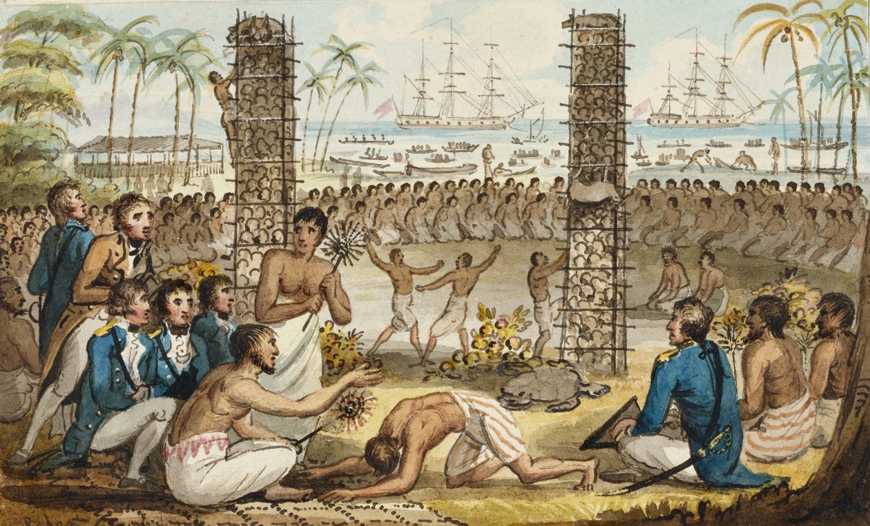 Cook kapitány Otaheite szigetén, Cook kapitány utazásaiból (akvarell) alkotó: Isaac Robert Cruikshank