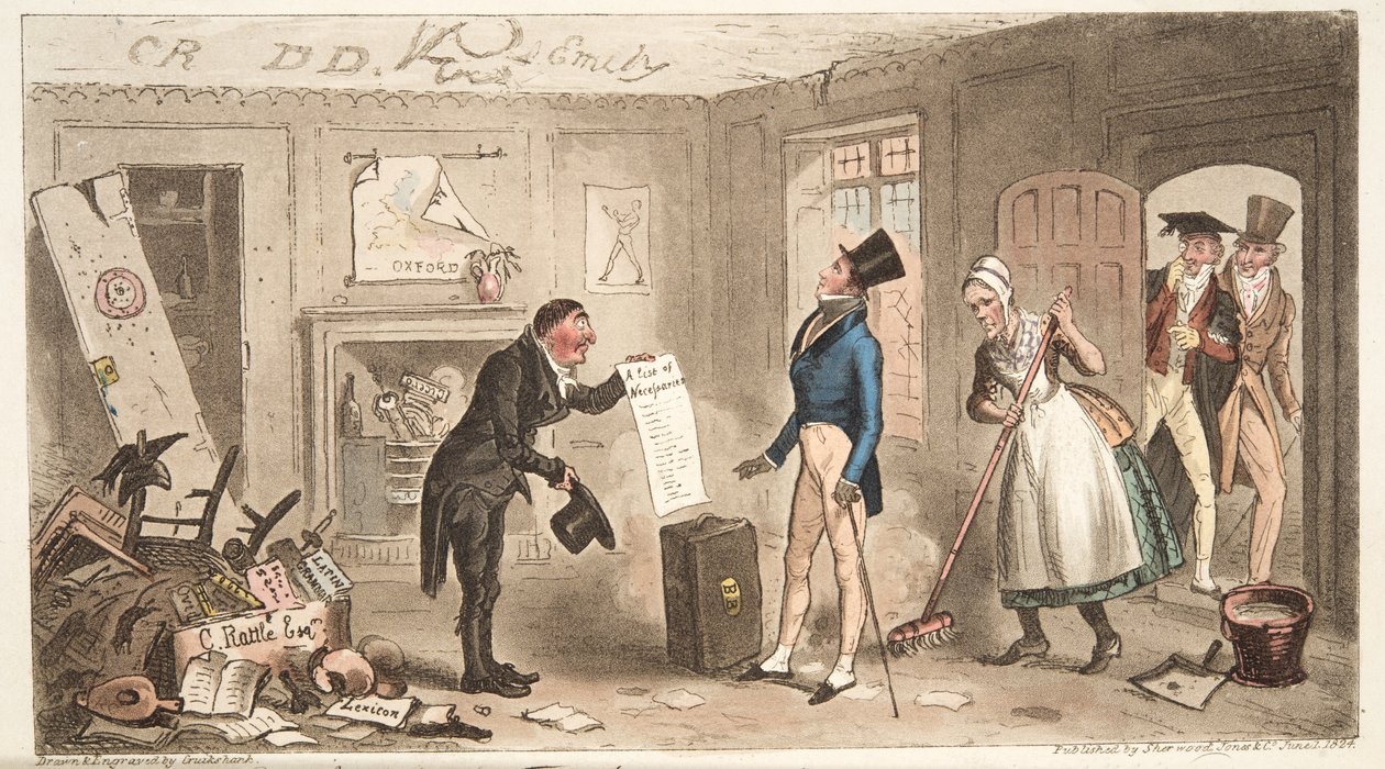 College Comforts, egy gólya birtokba veszi szobáit, az angol kémből, kocsmából. 1824 (kézzel színezett metszet) alkotó: Isaac Robert Cruikshank