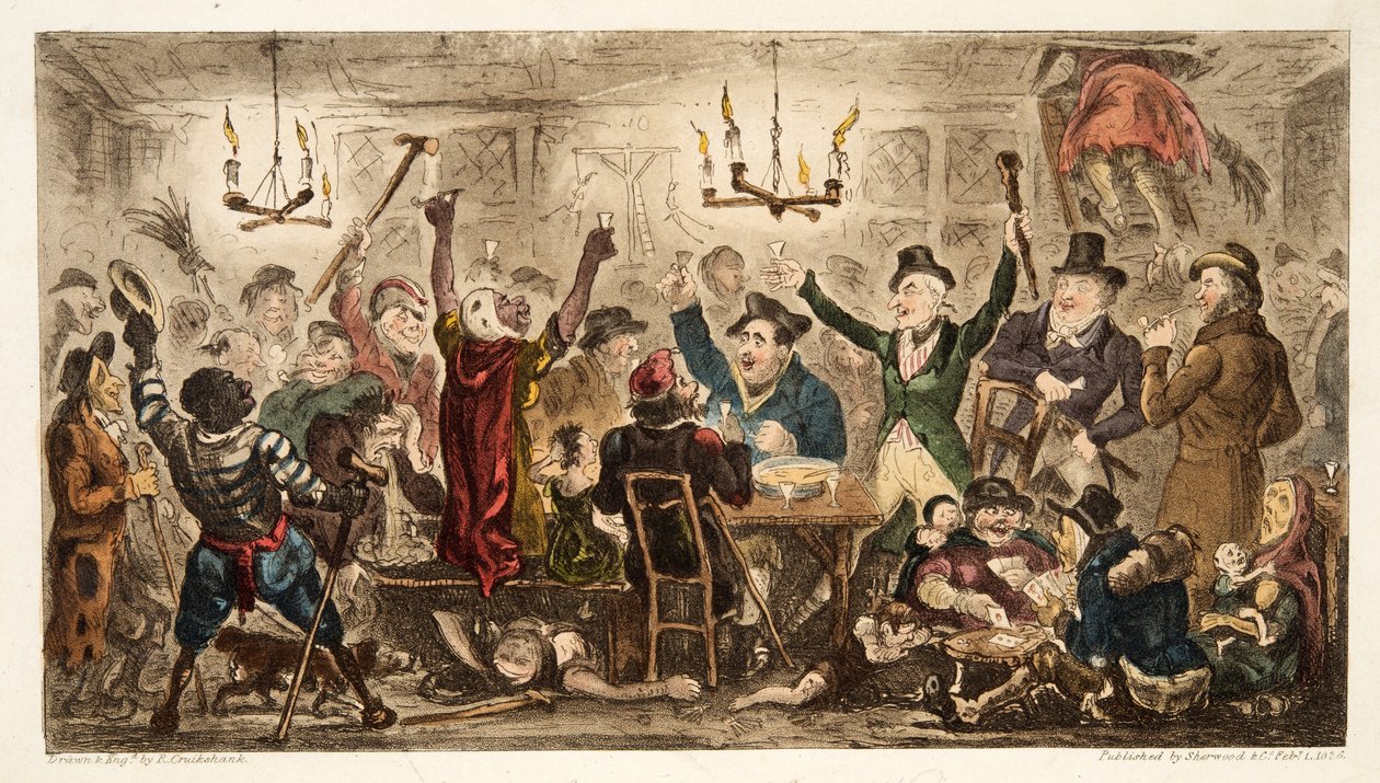 A Cadgers Kenben forgó udvaroncok az angol kémből, kocsmából. 1824 (kézzel színezett metszet) alkotó: Isaac Robert Cruikshank