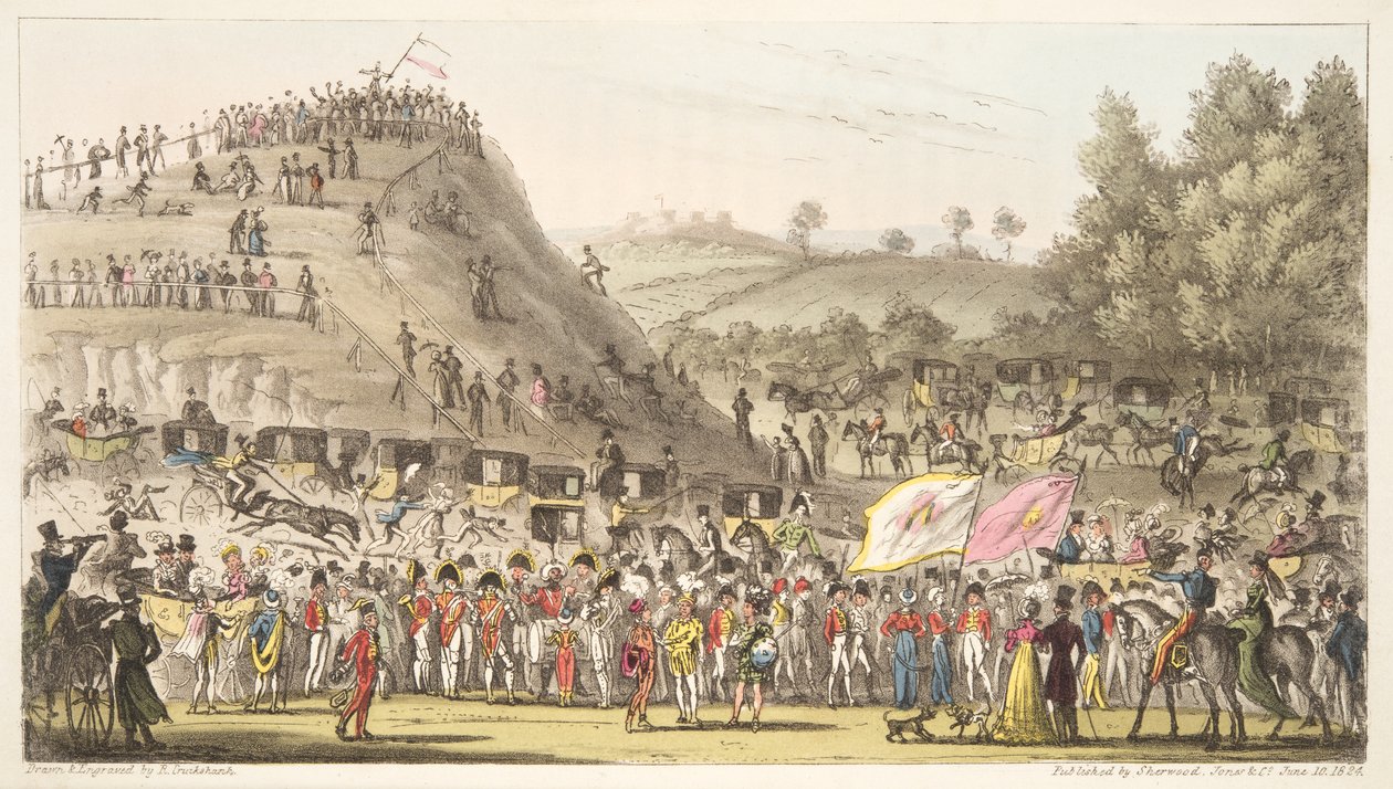 Eton Montem és a Mount, Salt Hill, az angol kémből, pub. 1824 (kézzel színezett metszet) alkotó: Isaac Robert Cruikshank