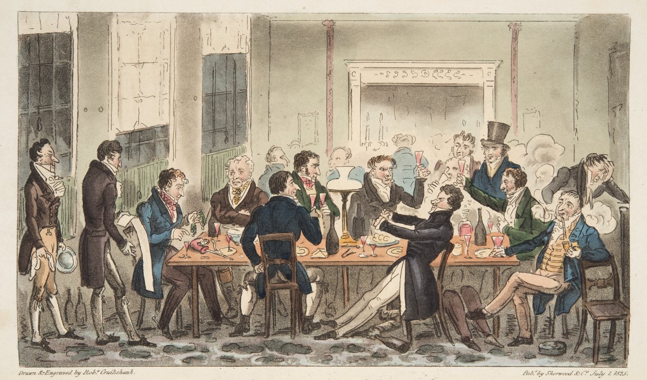 Este és jó hangulatban, egy jelenet a Longs Hotelben, a Bond Street-ben, az angol kém kocsmából. 1824 (kézzel színezett metszet) alkotó: Isaac Robert Cruikshank