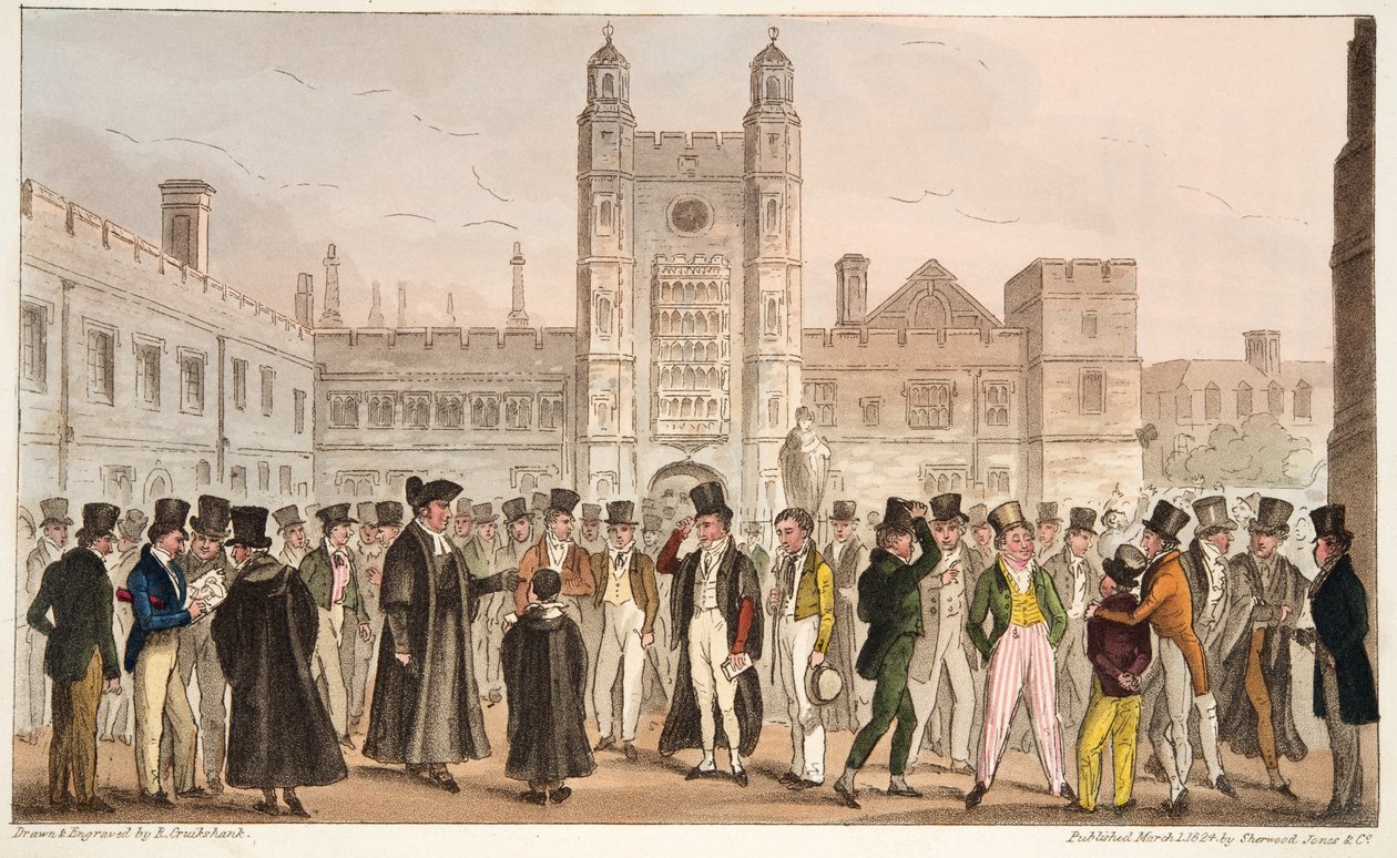 First Absence, avagy Etonians Answering Morning Master Roll, az angol kém 1824-ben megjelent könyvéből (kézzel színezett metszet) alkotó: Isaac Robert Cruikshank