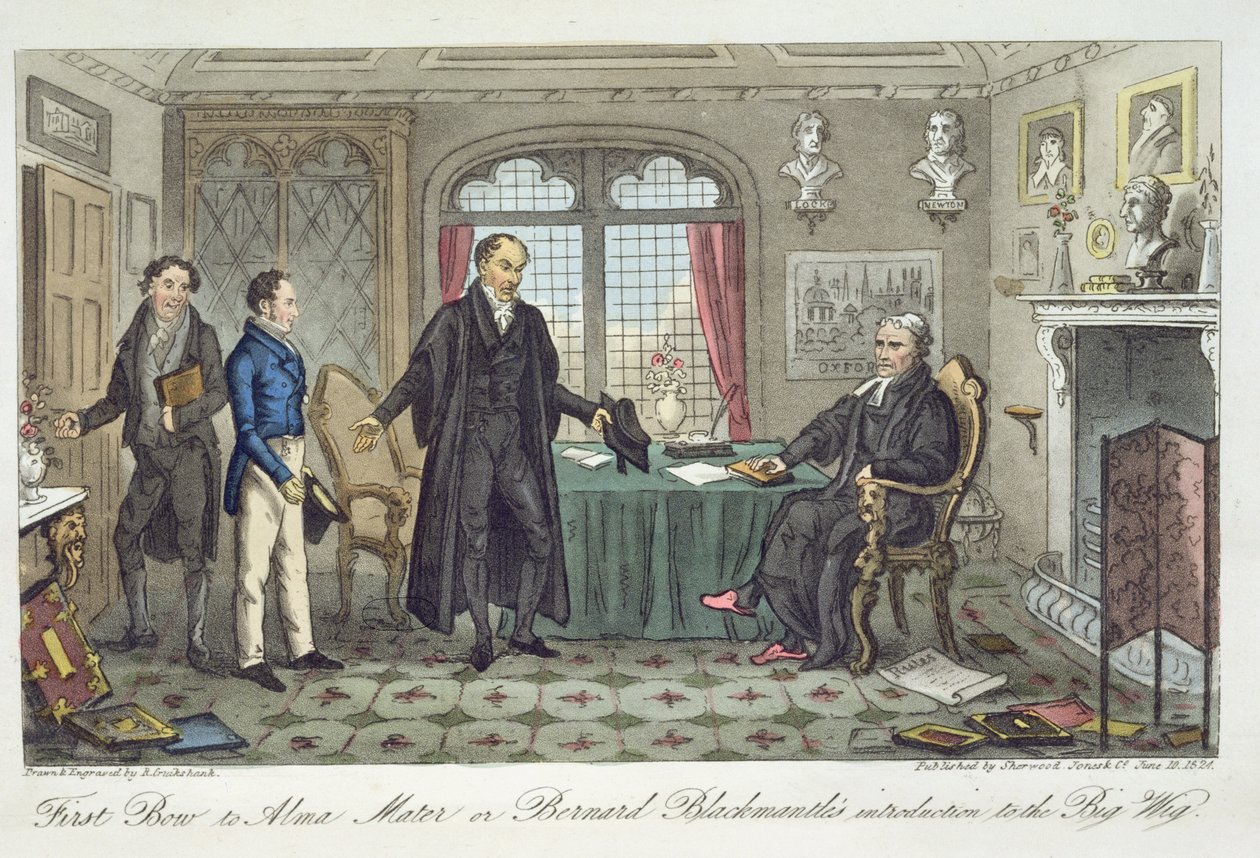 Charles Molloy Westmacott (1788-1868) az 1825-ben megjelent Londonban megjelent Első meghajlás az Alma Mater előtt, vagyis Bernard Blackmantle bevezetője a nagy parókához, az angol kémből. alkotó: Isaac Robert Cruikshank