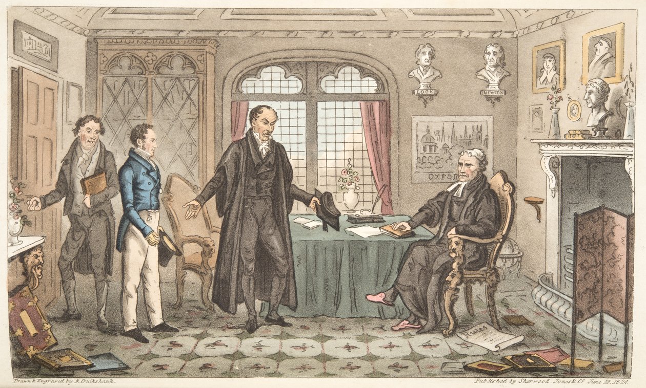 Első meghajlás az Alma Mater előtt, vagyis Bernard Blackmantles bevezetője a nagy parókához, az angol kémből, 1824-ben Londonban (kézzel színezett metszet) alkotó: Isaac Robert Cruikshank