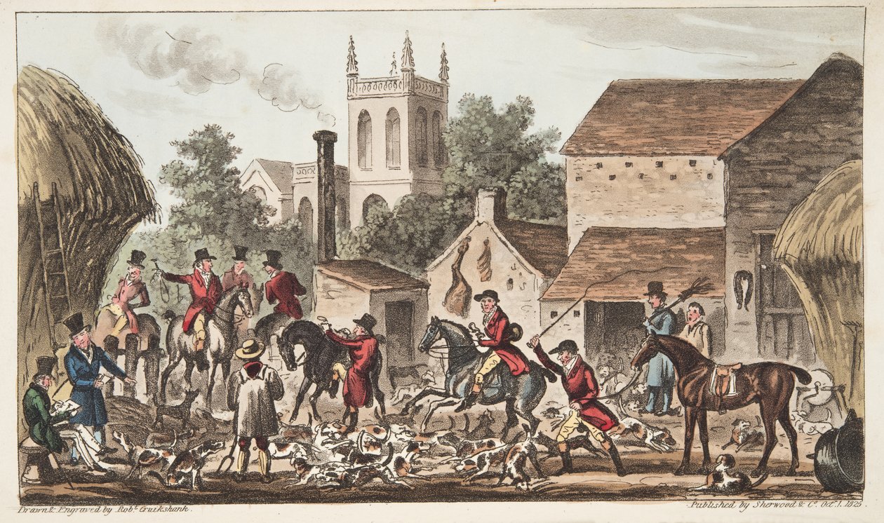 Kimenni; A Berkeley Hunt Kennel képe, az angol kémből, 1824-ben megjelent (kézzel színezett metszet) alkotó: Isaac Robert Cruikshank