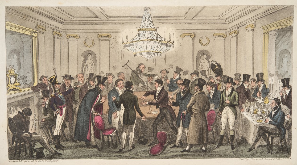 Egy modern pokol belseje - vide. The Cogged Dice, The English Spy, pub. 1824 (kézzel színezett metszet) alkotó: Isaac Robert Cruikshank