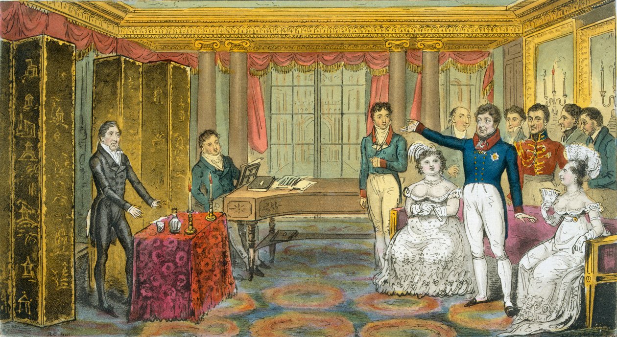 IV. György király a Carlton House-ban, Charles Westmacott 1825-ben megjelent „Az angol kém” című könyvéből (színes litográfia) alkotó: Isaac Robert Cruikshank