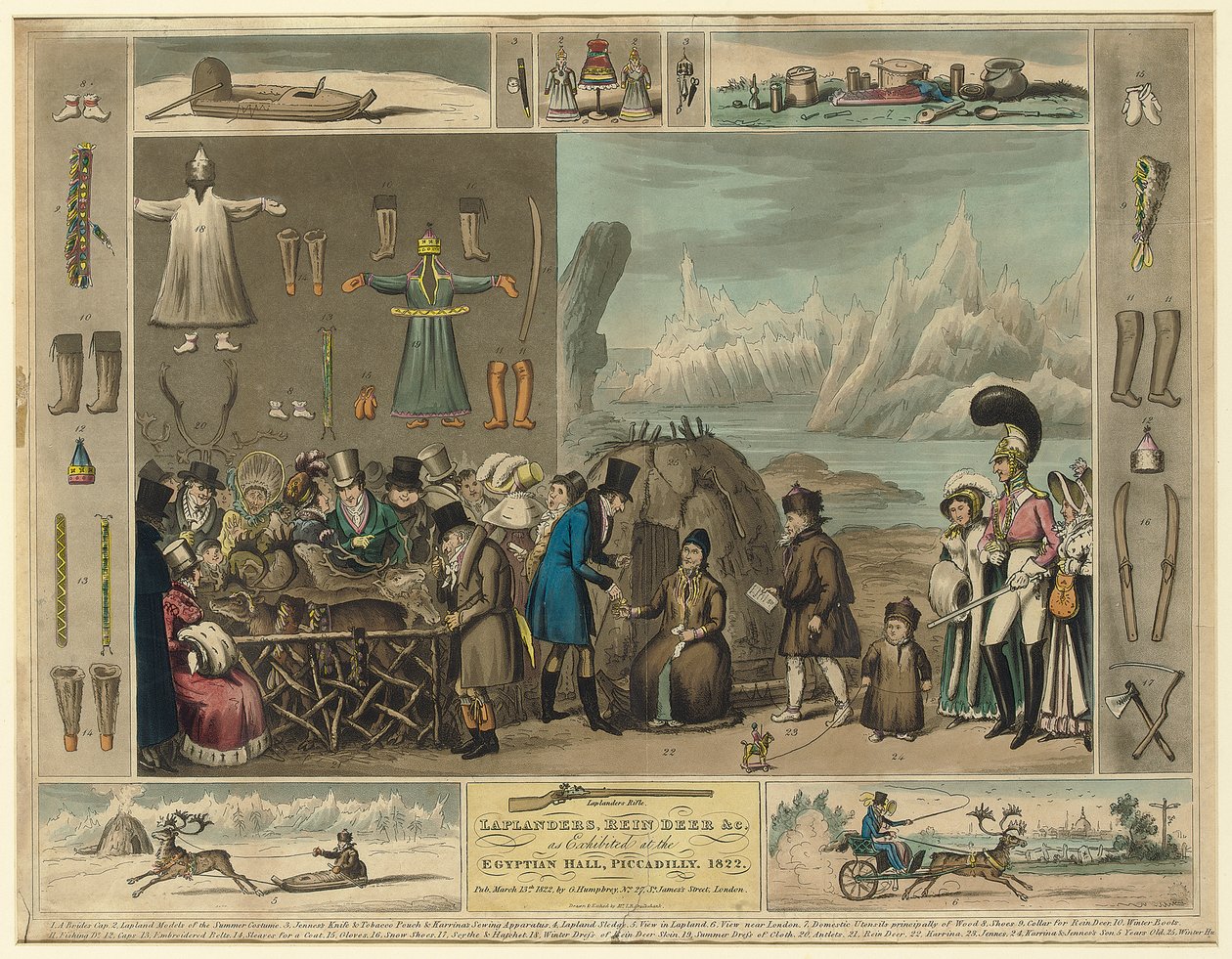 Lappföldiek, rénszarvasok stb., az Egyiptomi Csarnokban, Piccadillyben, 1822 alkotó: Isaac Robert Cruikshank