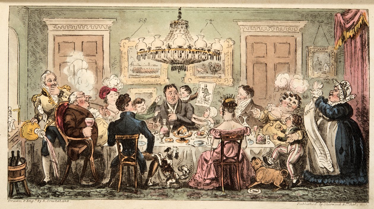 Liston és a Lambkins vagy a Citizens Dinner Party, az angol kémből, pub. 1824 (kézzel színezett metszet) alkotó: Isaac Robert Cruikshank