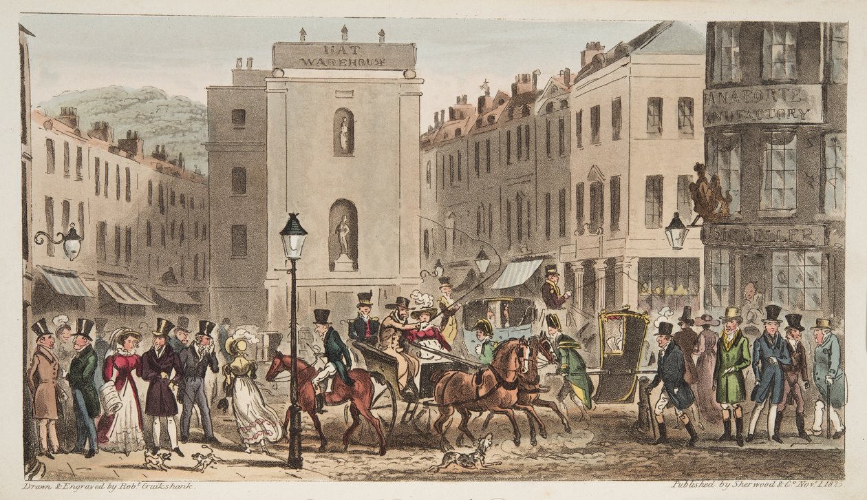 Milsom Street és Bond Street Bath Swells portréival, Az angol kémből, London, 1824 (kézzel színezett metszet) alkotó: Isaac Robert Cruikshank