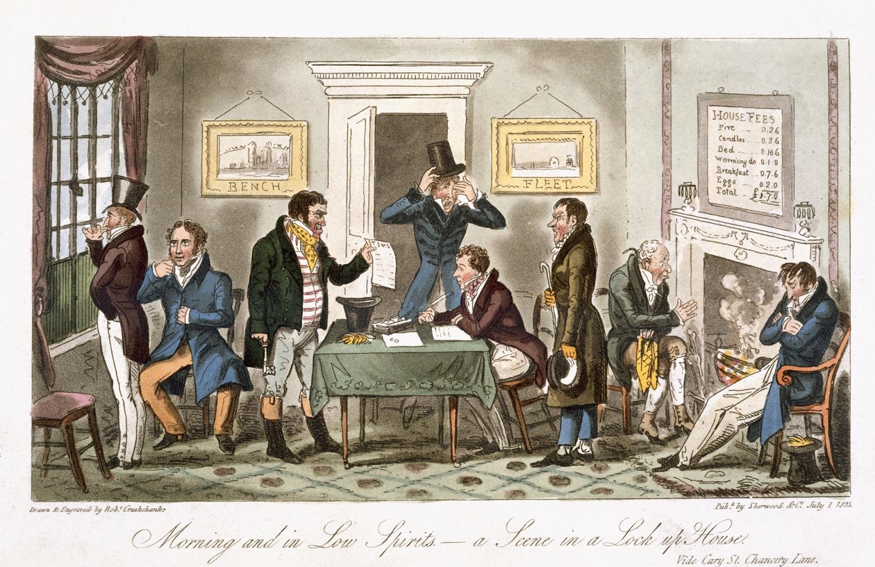 Reggel és rossz hangulatban – Jelenet egy bezárt házban, Charles Molloy Westmacott (1788-1868) „Az angol kém” című művéből, London, 1825 alkotó: Isaac Robert Cruikshank