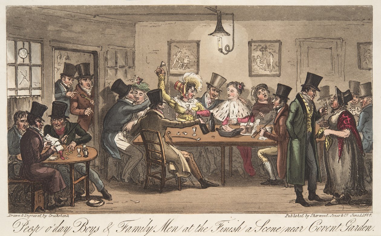 Peep ODays és Famiiy Men at the Finish, az angol kémből, pub. 1824 (kézzel színezett metszet) alkotó: Isaac Robert Cruikshank